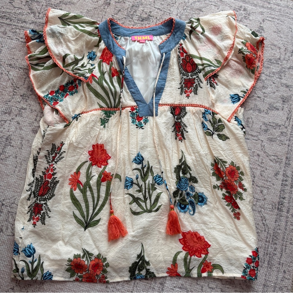 THML Cream Blouse with Red and Blue Floral Design